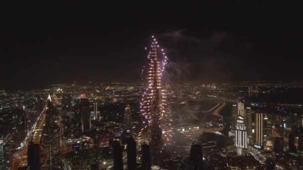 Drona Salută Noaptea Dintr Turn Burj Khalifa Peste Dubai Noaptea — Videoclip de stoc