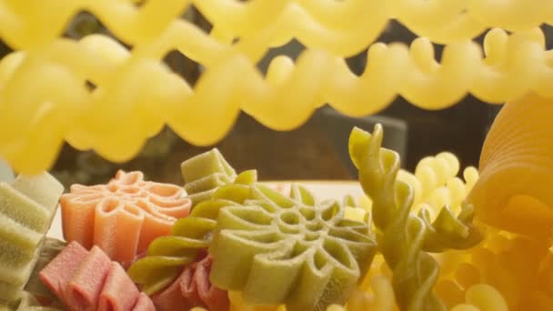 Close Uncooked Pasta Different Shapes Types Slow Motion Shooting — Stock Video