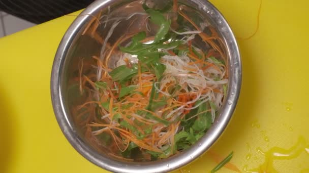 Chief Squuized Out Lime Salad Metal Bowl Salad Consists Daikon — Video Stock
