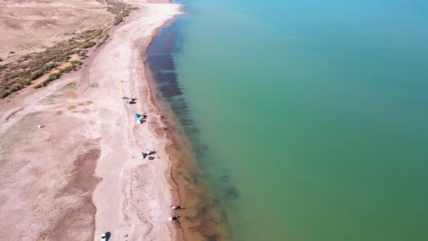 Drone Flies Fishermen Shore Lake Dry Steppe — Stock Video
