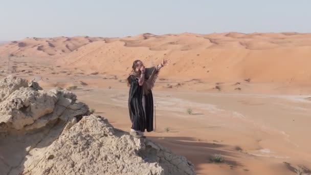 Dronlar Çölün Ortasında Bir Kayanın Üzerinde Duran Mızıka Çalan Bir — Stok video