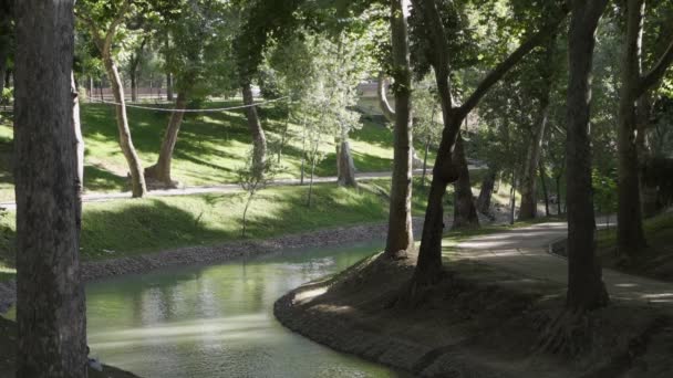 Городской Канал Водой Окруженный Зелеными Деревьями Солнечный День Медленное Движение — стоковое видео