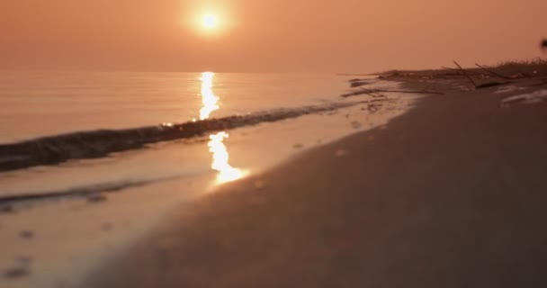 Gün Batımında Gölde Sığ Bir Dalga Sahilin Kumlu Sahiline Yuvarlanır — Stok video