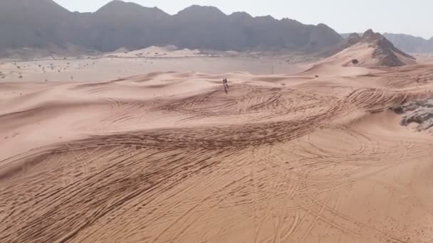 Drone Voa Torno Par Pessoas Areia Deserto Nos Emirados Árabes — Vídeo de Stock