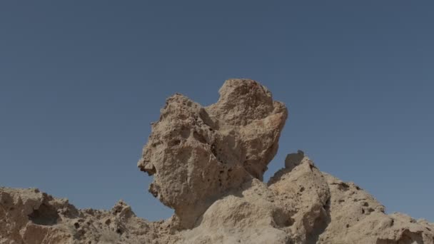 手に杖を持つ男とシャーマンの服が砂漠の砂の間の岩の上に立って踊ります 澄んだ空 スローモーション — ストック動画