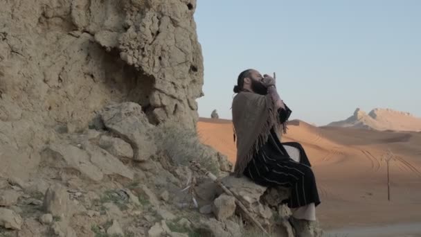 Homem Vestido Xamã Sobre Uma Rocha Meio Das Areias Deserto — Vídeo de Stock