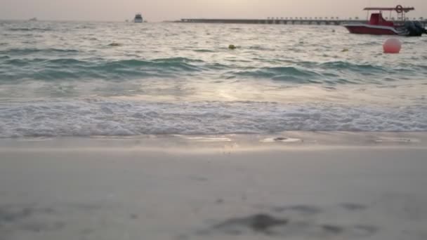日没時の海の砂浜 スローモーション — ストック動画