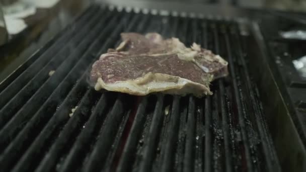 Trozos Filetes Carne Asan Parrilla Con Fuego Motiob Lento Cerca — Vídeo de stock