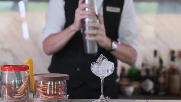 Seorang Bartender Sebuah Hotel Mewah Yang Mahal Menyiapkan Koktail Dalam — Stok Video