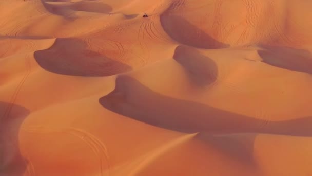 Дрони Летять Квадри Циклами Стоячи Піщаних Дюнах Пустелі Єднаних Арабських — стокове відео