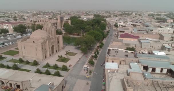 Vuelo Con Drones Amanecer Sobre Vieja Ciudad Bujará Uzbekistán Vista — Vídeo de stock