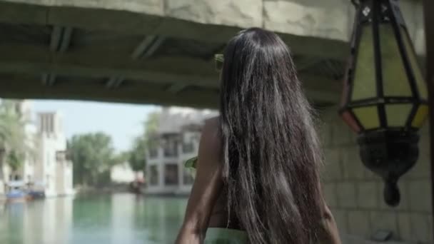 Ontspannen Interraciale Vrouw Een Jurk Staat Aan Boeg Van Een — Stockvideo