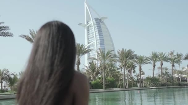 Relaxed Interracial Woman Dress Stands Bow Boat Passing Canal Dubai — Stock Video
