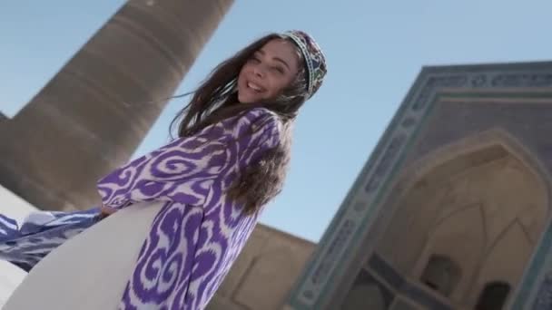 Young Woman White Dress Long Oriental Robe Dances Sunshine Next — Stock Video