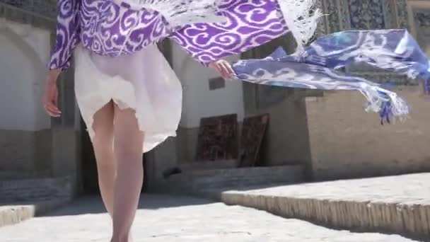 Ung Kvinna Med Långt Hår Orientalisk Mantel Och Dödfösare Går — Stockvideo