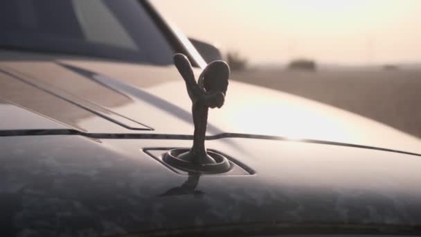 砂漠の夜空を背景に そのフード上の高価な高級車のシンボル スローモーション — ストック動画