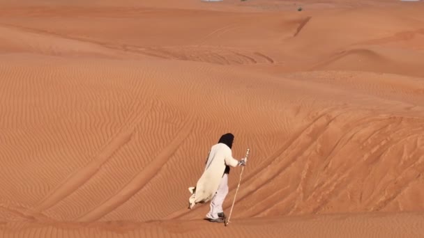 Hombre Vestido Chamanes Camina Sobre Arena Del Desierto Con Bastón — Vídeo de stock