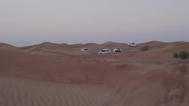 Una Carovana Veicoli Bianchi Fuoristrada Attraversa Dune Sabbia Del Deserto — Video Stock