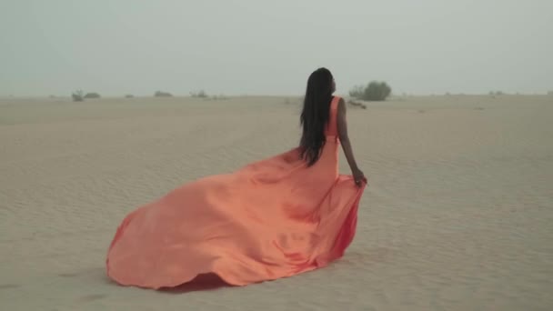 Вродлива Молода Жінка Довгим Волоссям Йде Босоніж Піску Пустелі Сукні — стокове відео