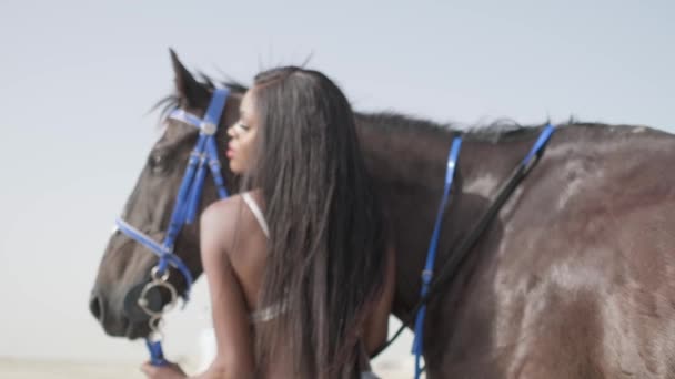 一个身穿白色比基尼的年轻的黑衣女子站在海滨的一匹马旁边 慢动作 — 图库视频影像