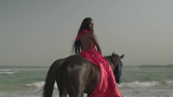 Μια Νεαρή Γυναίκα Κόκκινο Φόρεμα Κάθεται Ένα Άλογο Που Στέκεται — Αρχείο Βίντεο