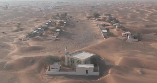 無人機は 砂で覆われた砂漠の都市を歩くラクダのキャラバンを捉えます 空中スローモーション — ストック動画