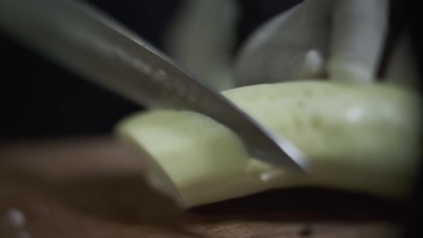 Chef Cuts Large Pieces Zucchini Knife Cutting Board Close Slow — Stock Video