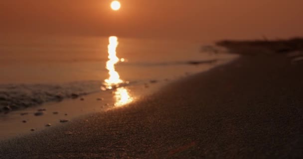 Неглубокая Волна Озере Катится Песчаный Берег Пляжа Время Заката Close — стоковое видео