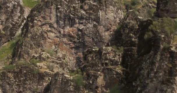 ドローンは若い運動選手の女性登山家の上に純粋な崖を登る飛ぶ 空中展望 — ストック動画