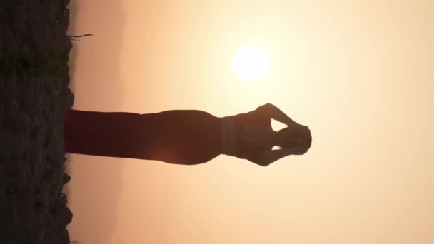 Retrato Vertical Silueta Una Joven Con Vestido Ligero Desierto Sobre — Vídeo de stock
