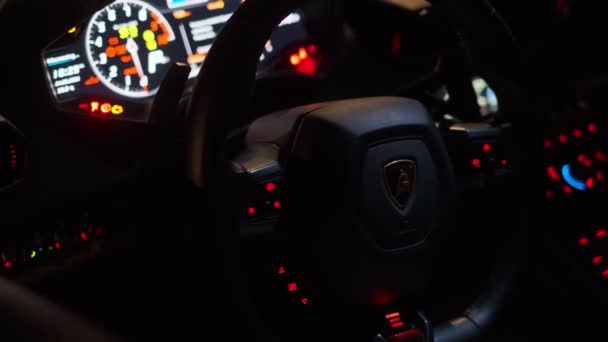 Hands Young Woman Wheel Premium Sports Car Driving Night Dubai — Stock Video