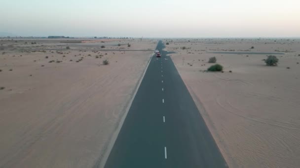 Drone Voa Por Dois Carros Caros Dirigindo Uma Estrada Vazia — Vídeo de Stock