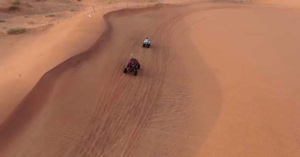 Drone Sorvola Gli Atv Allenandosi Nelle Sabbie Desertiche Degli Emirati — Video Stock