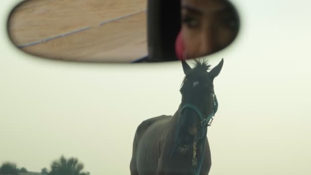 Pahalı Bir Spor Arabanın Dikiz Aynasına Bakıp Önünde Duran Kırmızı — Stok video