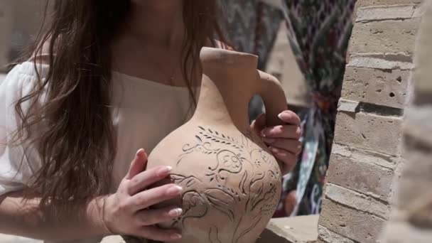 Young Woman Long Flowing Hair Holds Ancient Clay Jug Her — Stock Video