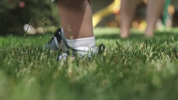 Zbliżenie Stóp Małego Chłopca Szortach Sandałach Spacerującego Trawie Słoneczny Dzień — Wideo stockowe