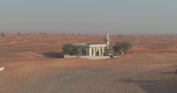 Drone Cattura Cammelli Vicino Minareto Una Città Deserta Coperta Sabbia — Video Stock