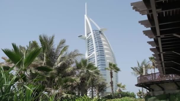 Отель Oceanfront Окруженный Пальмами Объединенных Арабских Эмиратах Slow Motion — стоковое видео