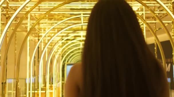 在一家高档酒店的大堂里 站着一位一头长长的黑发年轻女子 身穿粉色晚礼服 慢动作 — 图库视频影像