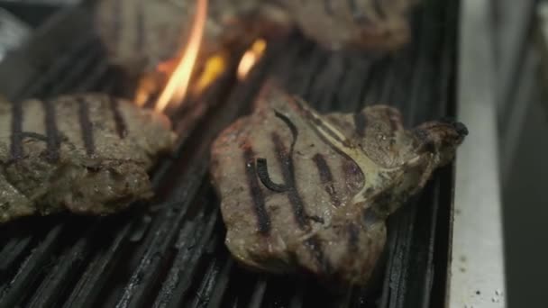 Pezzi Bistecche Carne Sono Grigliate Con Fuoco Rallentare Avvicinare — Video Stock