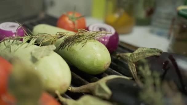 Tomate Calabacín Berenjena Cebolla Otras Verduras Asan Parrilla Cámara Lenta — Vídeos de Stock