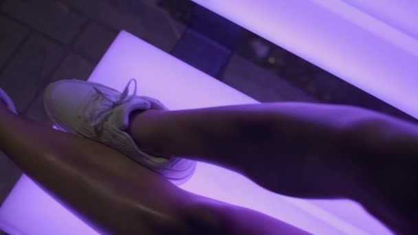 Young Woman Sportswear Lying Glowing Bench Night Park Slow Motion — Stock Video