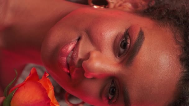 Портрет Молодой Женщины Афро Прической Ярким Макияжем Держит Цветок Розы — стоковое видео