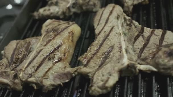 Trozos Filetes Carne Asan Parrilla Con Fuego Cámara Lenta Primer — Vídeos de Stock