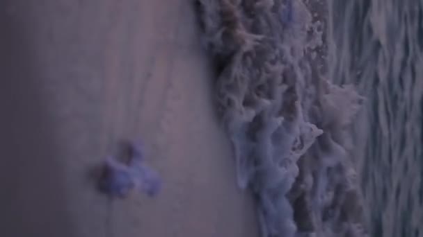 Dalgalardaki Islak Kağıtlar Gün Batımında Kumlu Plaja Götürülür Yavaş Hareket — Stok video