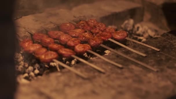 在绞架上烤肉串在烤架上煎 慢动作特写镜头 — 图库视频影像
