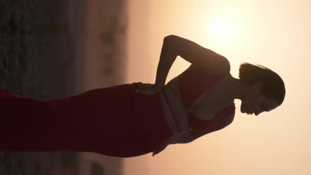 Portrait Vertical Silhouette Une Jeune Femme Robe Légère Dans Désert — Video