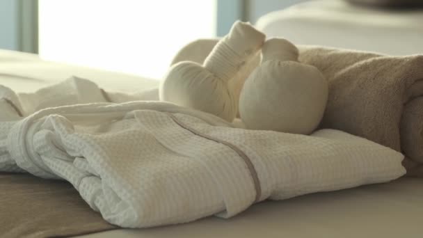 Massage Couch Massage Accessories Expensive Premium Hotel Towel Bathrobe Pillow — Stock Video