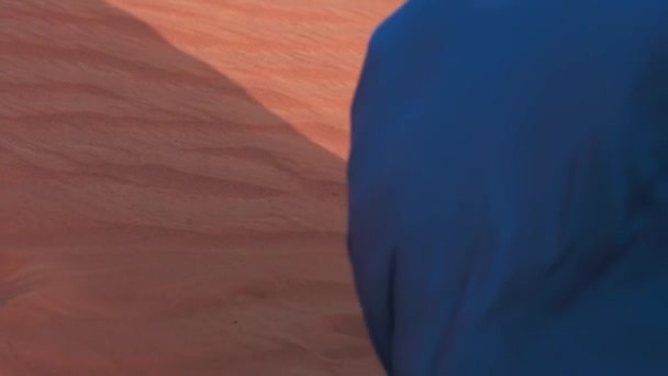 Молодая Женщина Выпрямленными Волосами Длинном Голубом Платье Ходит Босиком Пустынным — стоковое видео