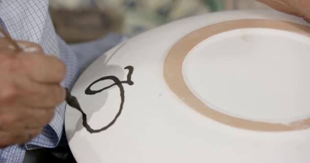 Bir Seramik Sanatçısı Atölyede Bir Fırçayla Çömlek Boyar Gerçek Zamanlı — Stok video